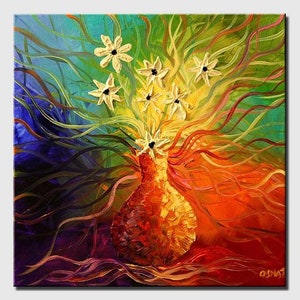 May include: Abstract painting of a vase with white flowers. The vase is yellow and orange and the background is a rainbow of colors.