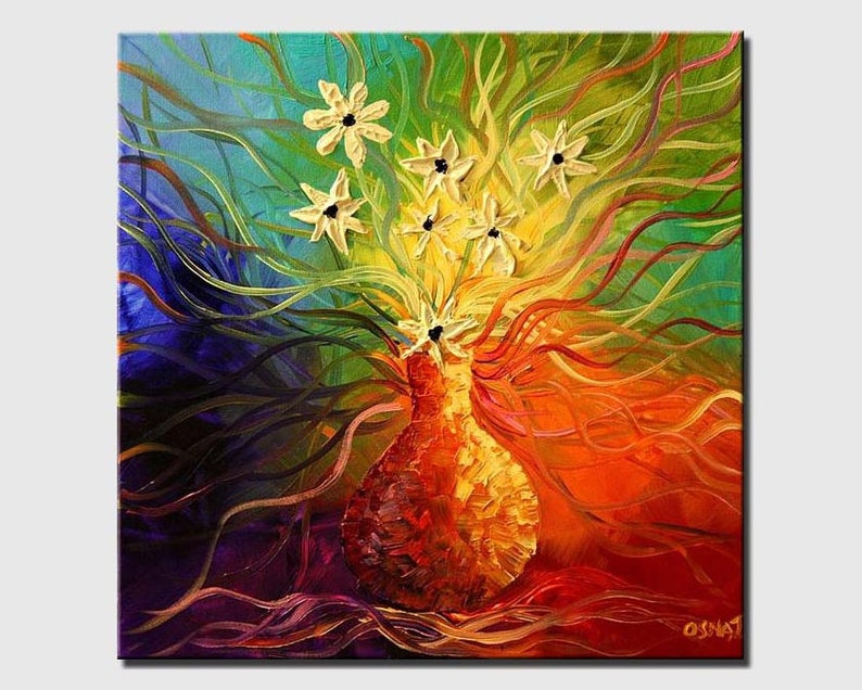 May include: Abstract painting of a vase with white flowers. The vase is yellow and orange and the background is a rainbow of colors.