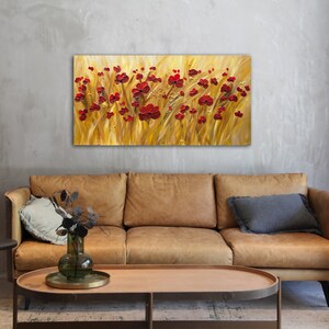 May include: A painting of a field of red poppies against a golden background. The painting is done in a textured style, giving the impression of brushstrokes.