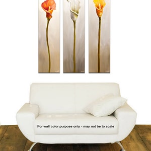 May include: Three vertical paintings of stylized Calla Lilies. The first painting features an orange flower, the second a white flower, and the third a yellow flower. The background of each painting is a light gray.