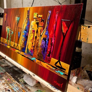 May include: Abstract painting of colorful bottles and glasses on a shelf. The bottles are various shades of blue, purple, yellow, and red. The glasses are clear and have a red and black design. The background is a gradient of orange, yellow, and red.