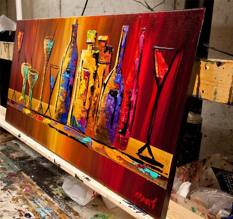 May include: Abstract painting of colorful bottles and glasses on a shelf. The bottles are various shades of blue, purple, yellow, and red. The glasses are clear and have a red and black design. The background is a gradient of orange, yellow, and red.