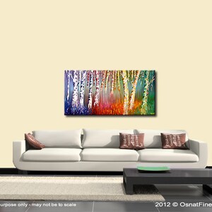 May include: Abstract painting of a forest with colorful birch trees. The trees are painted in shades of blue, green, yellow, orange, and red. The painting is on a white canvas and is framed in a black frame.