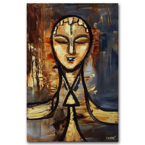 May include: Abstract painting of a face with closed eyes, painted in shades of brown, yellow, and blue. The face is surrounded by a textured background.
