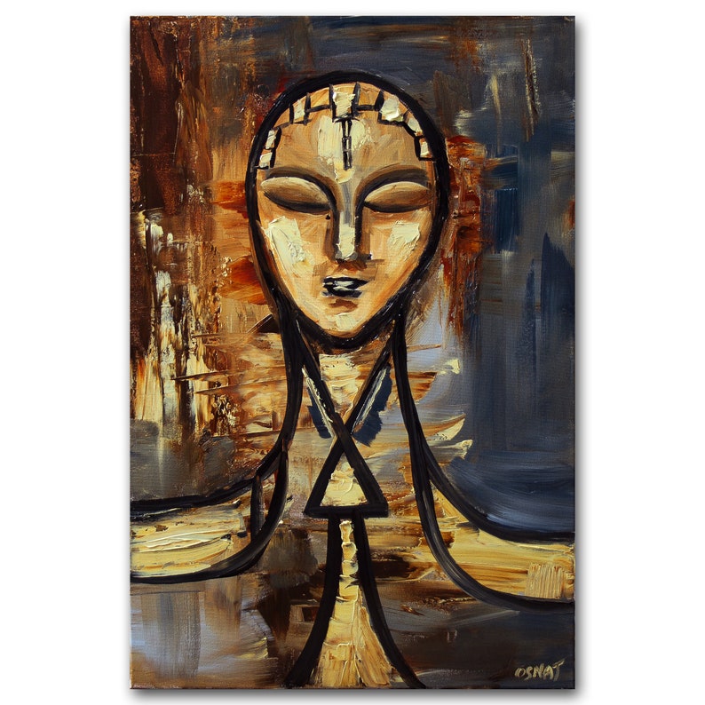 May include: Abstract painting of a face with closed eyes, painted in shades of brown, yellow, and blue. The face is surrounded by a textured background.