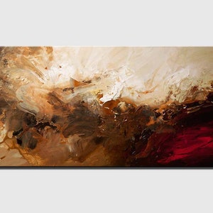May include: Abstract painting with brown, beige, and red colors. The painting has a textured, layered look with thick brushstrokes. The colors blend together to create a sense of movement and depth.