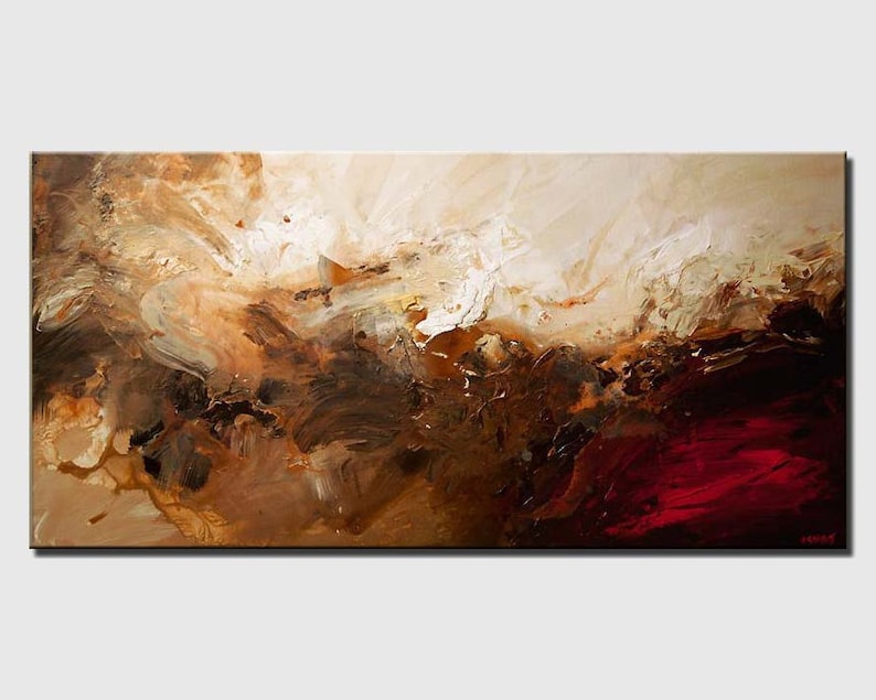 May include: Abstract painting with brown, beige, and red colors. The painting has a textured, layered look with thick brushstrokes. The colors blend together to create a sense of movement and depth.