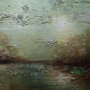 May include: Abstract painting with a textured, layered surface. The colors are muted greens, browns, and grays, creating a sense of depth and atmosphere. The painting evokes a landscape scene with a hazy sky and a distant horizon.
