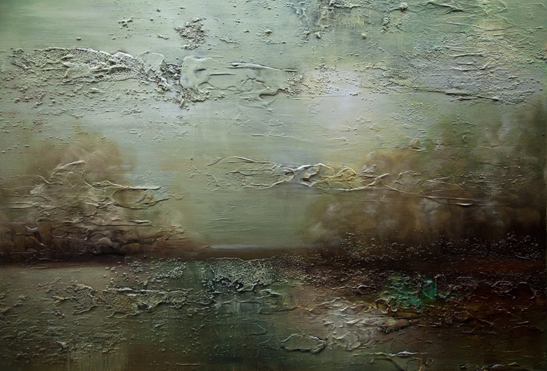 May include: Abstract painting with a textured, layered surface. The colors are muted greens, browns, and grays, creating a sense of depth and atmosphere. The painting evokes a landscape scene with a hazy sky and a distant horizon.