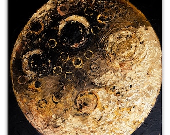 Gold Leaf Moon Painting, Black Textured Abstract Art, Square - Custom art
