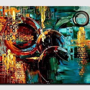 May include: Abstract painting with bold strokes of blue, green, red, and gold. The painting features circular shapes and geometric patterns.
