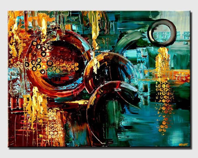 May include: Abstract painting with bold strokes of blue, green, red, and gold. The painting features circular shapes and geometric patterns.