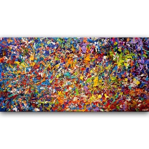 May include: Abstract painting with a vibrant mix of colors, including blue, green, yellow, red, orange, and purple. The paint is applied in a thick, textured style, creating a dynamic and energetic composition.