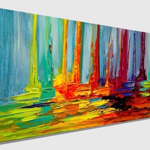 May include: Abstract painting with vertical brushstrokes in shades of blue, green, yellow, orange, red, and purple. The colors blend together to create a vibrant and dynamic composition.