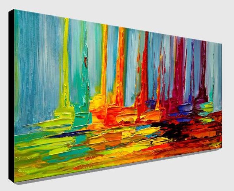 May include: Abstract painting with vertical brushstrokes in shades of blue, green, yellow, orange, red, and purple. The colors blend together to create a vibrant and dynamic composition.