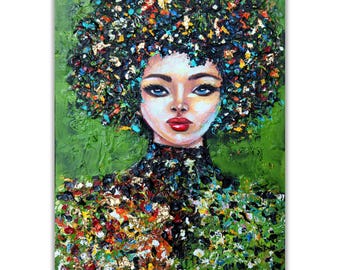 Abstract Woman Face Painting, Colorful Acrylic Portrait Art, 24"x36"