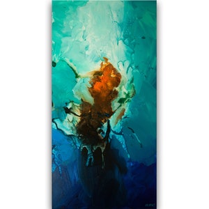 May include: Abstract painting with swirling blue, green, and orange colors. The painting has a dark blue background with a central area of orange and brown.