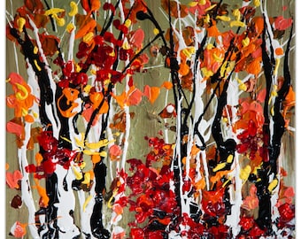Textured Autumn Landscape Painting: Abstract Fall Leaves, 14x12" Canvas