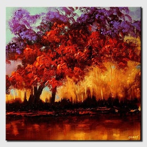 May include: Abstract painting of a forest scene with red, purple, and yellow trees reflected in a still body of water.