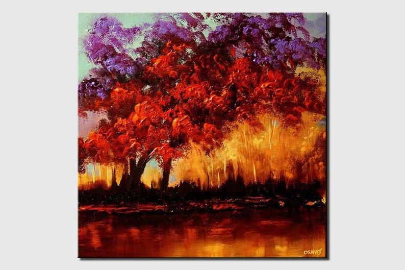 May include: Abstract painting of a forest scene with red, purple, and yellow trees reflected in a still body of water.