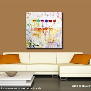 May include: Abstract painting of colourful flowers on a white background. The flowers are in shades of red, orange, yellow, green, blue, and purple. The background is a textured white with hints of yellow and purple.