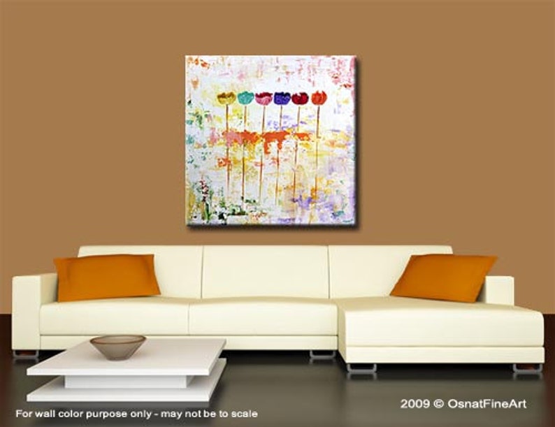 May include: Abstract painting of colourful flowers on a white background. The flowers are in shades of red, orange, yellow, green, blue, and purple. The background is a textured white with hints of yellow and purple.