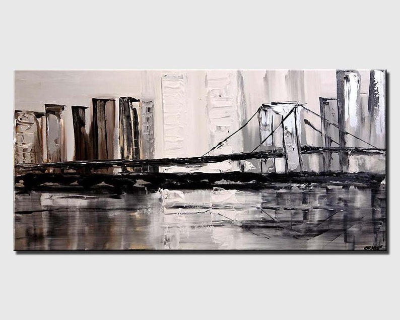 art urbain abstrait original sur toile, peinture de pont minimaliste texturée, art mural noir et blanc art moderne CUSTOM ART image 1