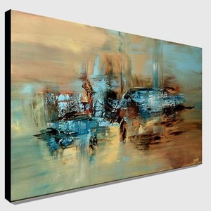 May include: Abstract painting with a blue, brown, and beige color scheme. The painting features a large, abstract shape in the center, surrounded by smaller shapes and lines.