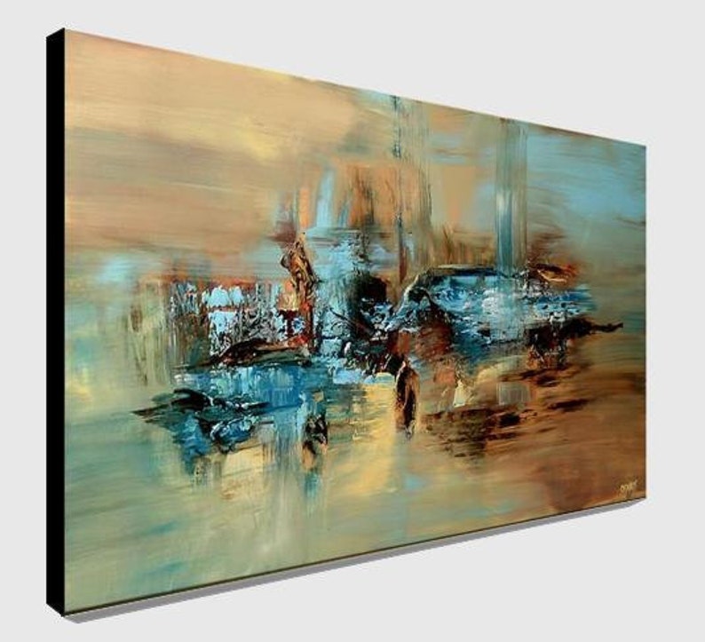 May include: Abstract painting with a blue, brown, and beige color scheme. The painting features a large, abstract shape in the center, surrounded by smaller shapes and lines.