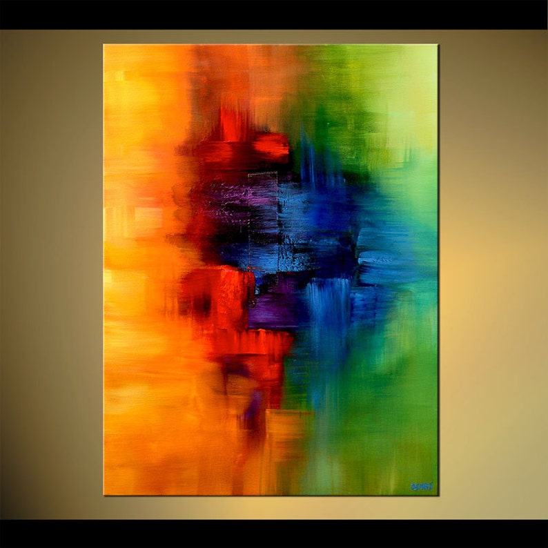 May include: Abstract painting with bold strokes of orange, red, blue, purple, and green. The colors blend and overlap, creating a dynamic and energetic composition.