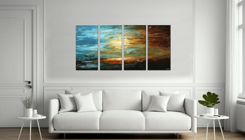 May include: Abstract art painting in four panels, featuring a blue, green, and brown color scheme. The painting depicts a sunset over a body of water.