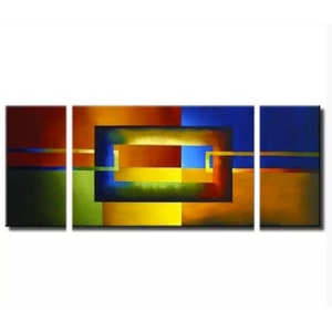 May include: Abstract triptych painting with a geometric design. The painting features a central rectangle with a yellow, green, and blue background. The rectangle is surrounded by a red, orange, and blue background. The painting is divided into three panels.