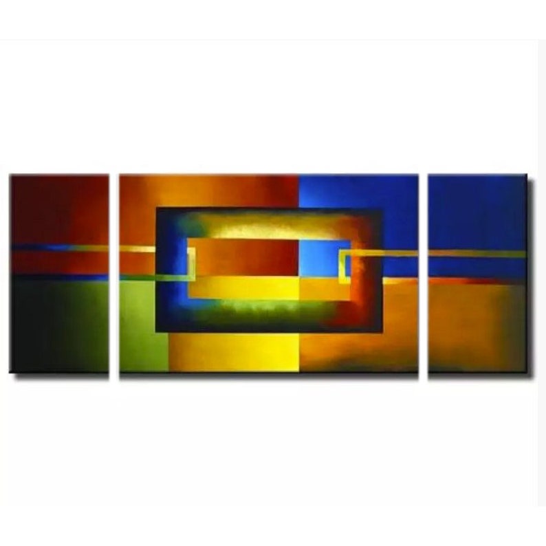 May include: Abstract triptych painting with a geometric design. The painting features a central rectangle with a yellow, green, and blue background. The rectangle is surrounded by a red, orange, and blue background. The painting is divided into three panels.