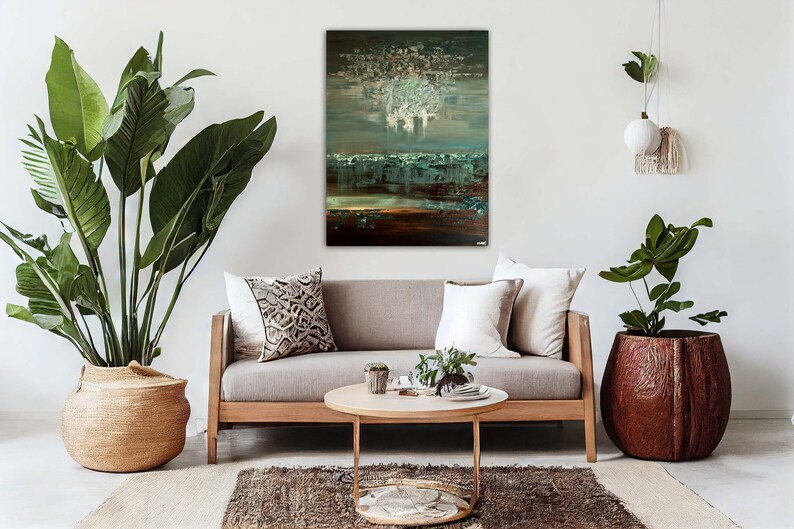 Textured Abstract Landscape Painting: Green Brown Canvas Art image 3