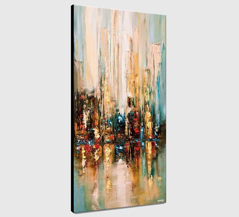 May include: Abstract painting of a city skyline with tall buildings in shades of beige, gold, and blue. The buildings are reflected in the water below, creating a sense of depth and movement. The painting is done in a loose, expressive style, with visible brushstrokes.