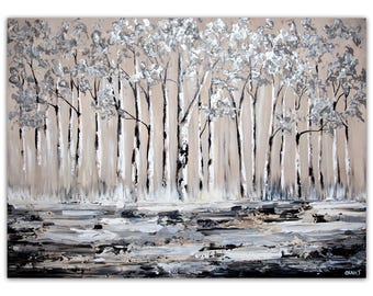 Birch trees painting, abstract landscape painting on canvas, modern original textured art by Osnat