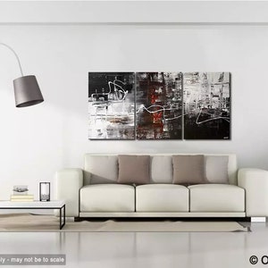 May include: Abstract triptych painting with black, white, and red hues. The painting features geometric shapes and lines, creating a modern and contemporary feel.