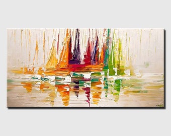 Textured Sailboat Painting: Colorful Abstract Seascape, Modern Decor