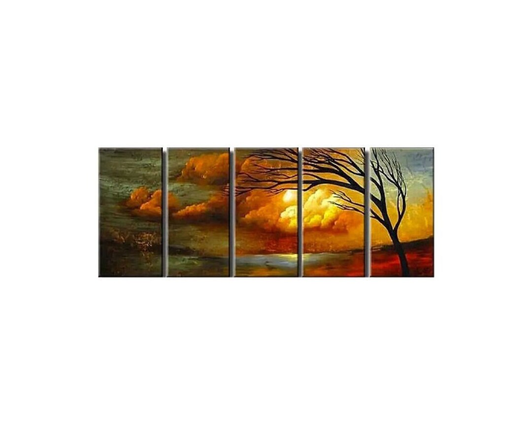 Modern Abstract Landscape Tree Art on Canvas, Large Green Orange Red ...