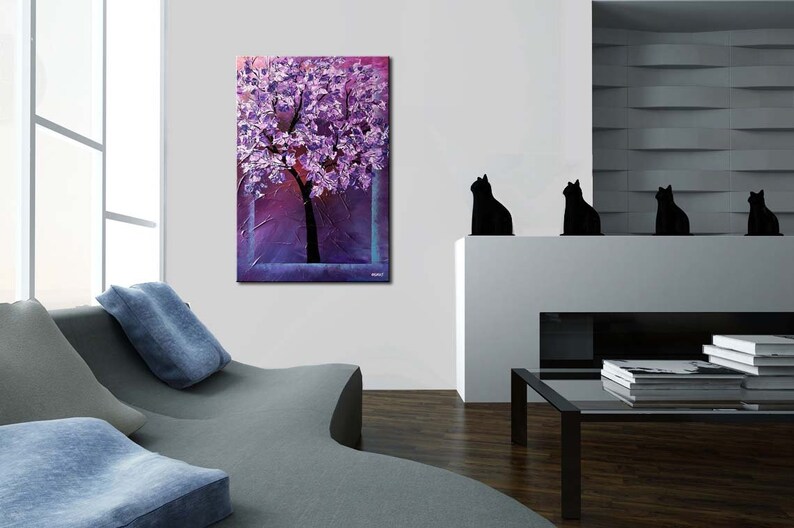 Textured Tree Painting: Purple Blossom Landscape Art - Custom Order image 3