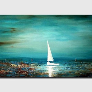 coastal art on canvas original textured sailboats painting, blue ocean seascape painting modern art CUSTOM ART image 1