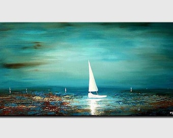 coastal art on canvas original textured sailboats painting, blue ocean seascape painting modern art CUSTOM ART