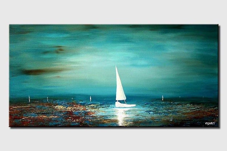 coastal art on canvas original textured sailboats painting, blue ocean seascape painting modern art CUSTOM ART image 1