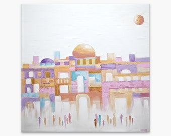 original Jerusalem painting on canvas soft pastel colors, modern textured Jerusalem art on Canvas modern decor by Osnat