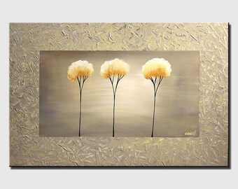 Neutral colors tree painting gray yellow trees wall art on canvas abstract painting textured original minimal painting CUSTOM ART