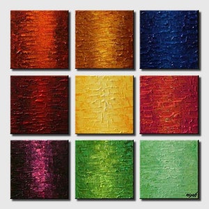 May include: Nine abstract paintings in a grid pattern. Each painting is a different color, with a textured, vertical brushstroke pattern. The colors are red, orange, yellow, green, blue, purple, brown, and black.
