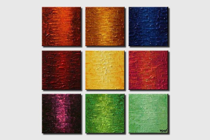 May include: Nine abstract paintings in a grid pattern. Each painting is a different color, with a textured, vertical brushstroke pattern. The colors are red, orange, yellow, green, blue, purple, brown, and black.