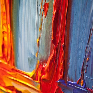 May include: Abstract painting with thick brushstrokes in shades of blue, red, orange, and yellow.