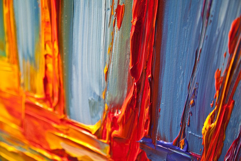 May include: Abstract painting with thick brushstrokes in shades of blue, red, orange, and yellow.