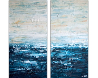 diptych abstract painting blue white modern textured art on canvas by Osnat